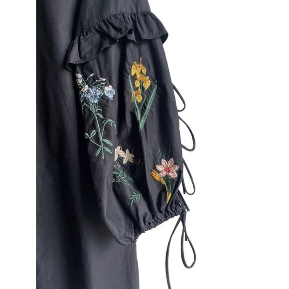 Zara Black Floral Embroidered Boho Mini Dress Large Balloon Ruffle Tie Sleeves - Picture 5 of 8